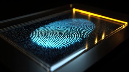 A glowing blue fingerprint displayed on a reflective surface, highlighting intricate patterns against a dark background.
