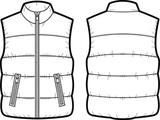 Technical flat sketch of padded vest, sleeveless high collar quilted zip pocket design, fashion template, garment construction drawing, apparel illustration, vector outline