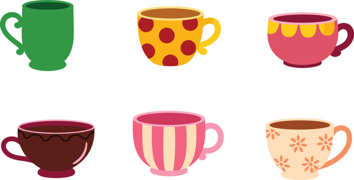 Decorative teacup cartoon illustration set, colorful tea cup vector icons, cozy drinkware design, patterned ceramic mugs, vintage kitchen decor artwork