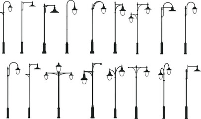 Collection of stylized black and white street lamp illustrations