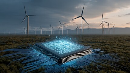 A futuristic landscape featuring a microchip amidst wind turbines, symbolizing the blend of technology and renewable energy in a serene environment.