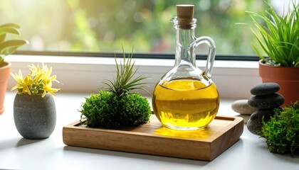 Oil bottle, plants, on windowsill