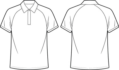 Technical flat sketch of polo shirt, raglan sleeve collar design, fashion template, garment construction drawing, apparel illustration, vector outline, button placket details
