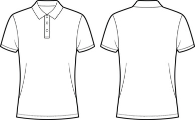 Technical flat sketch of polo shirt, short sleeve collar button placket cuff detail design, fashion template, garment construction drawing, apparel illustration, vector outline