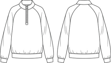 Technical flat sketch of raglan pullover, partial zip stand collar design, fashion template, garment construction drawing, apparel illustration, vector outline, elastic hem