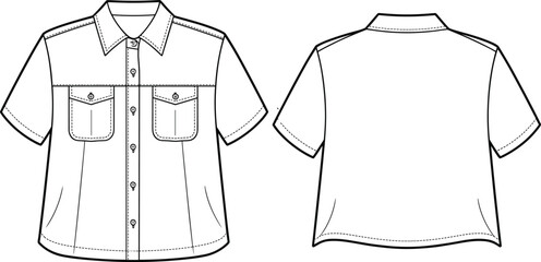 Technical flat sketch of short sleeve shirt, flap pocket vertical seam design, fashion template, garment construction drawing, apparel illustration, vector outline