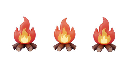 Three campfire emojis burning brightly isolated on transparent background
