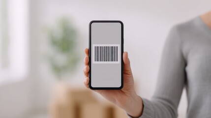 A person holds a smartphone displaying a barcode, showcasing modern technology and digital identification in a minimalistic indoor setting.