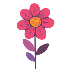 Hand-drawn pink flower with purple leaves, symbolizing nature's beauty and spring bloom in a simple illustration