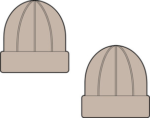 Technical flat sketch of winter hat, folded brim seam line design, fashion template, garment construction drawing, apparel illustration, vector outline, cozy accessory