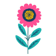 A vibrant, stylized pink flower with a dark center and green leaves, rendered in a charming flat design illustration