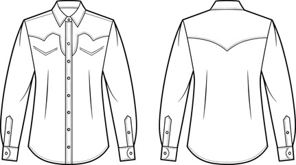 Technical flat sketch of western shirt, pointed collar flap pocket yoke seam button cuff detail design, fashion template, garment construction drawing, vector outline