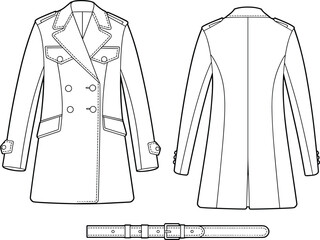 Technical flat sketch of trench coat, double-breasted flap pocket belt design, fashion template, garment construction drawing, apparel illustration, vector outline, epaulet detail