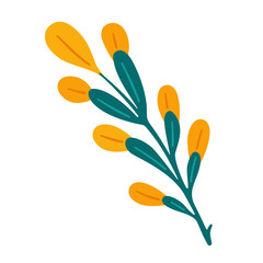 Vibrant minimalist botanical branch illustration featuring bright yellow foliage and a teal stem, a charming decorative element