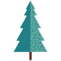 Stylized evergreen pine tree illustration in a modern flat design, featuring a dual-tone blue-green color scheme and abstract texture, perfect for winter holiday and nature-themed designs