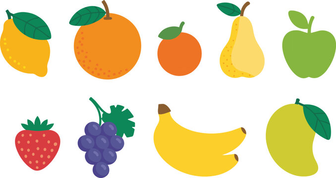 Colorful fruit cartoon illustration set, healthy food vector icons, lemon orange pear apple strawberry banana grapes mango, educational diet design for kids