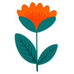 Vibrant Orange Flower with Green Leaves, Stylized Botanical Illustration for Design