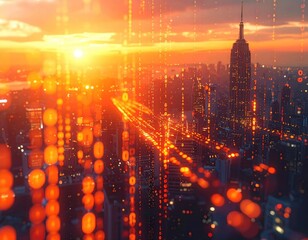 Cityscape at sunset with digital overlay