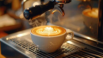 Latte art in cafe, coffee steaming
