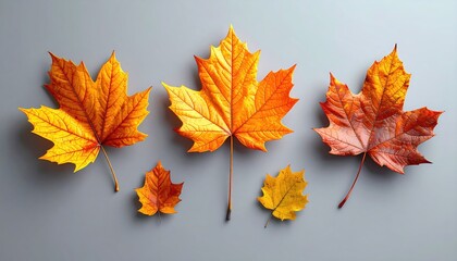 Six autumn maple leaves on grey surface