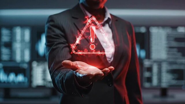 Cybersecurity professional presenting a digital warning symbol in a control room.