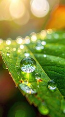 Waterdrops on bright green leaf