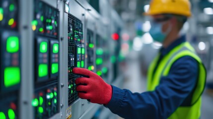 A technician in safety gear interacts with control panels displaying glowing green lights in an industrial setting.