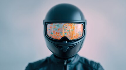 A futuristic motorcycle helmet with a visor displaying a colorful map, suggesting advanced technology and navigation features.