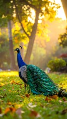 Obraz premium Elegant peacock stands on green grass covered in autumn leaves in sunlit park setting