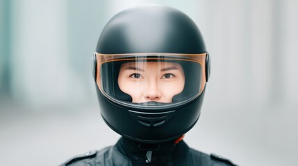 A close-up of a person wearing a black motorcycle helmet, showcasing a focused expression and a sleek design.