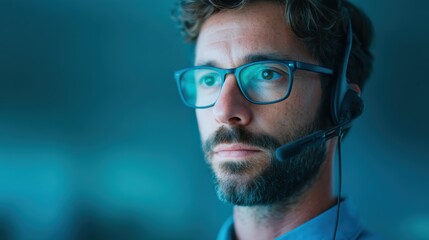 A focused man with glasses is wearing a headset, looking intently at something off-screen in a cool-toned environment.