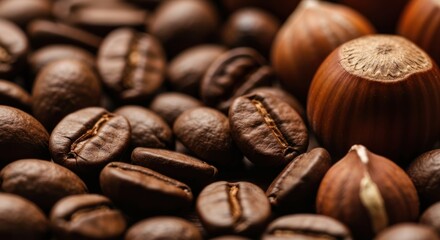 Naklejka premium Close-up of roasted coffee beans mingled with whole hazelnuts