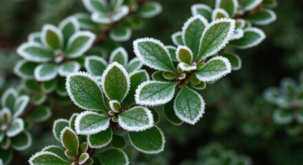 Frosty green leaves with white edges, close-up of a shrub branch