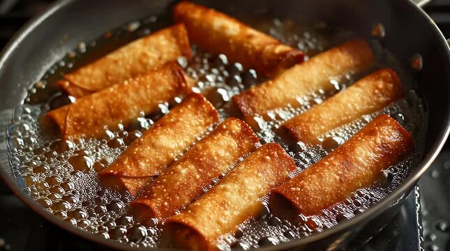 Frying Golden Spring Rolls in Hot Oil Closeup