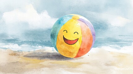 Naklejka premium A colorful beach ball with a happy face rests on the sand, surrounded by gentle waves and a serene sky.