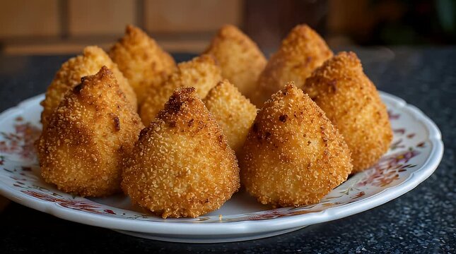 Golden Coxinhas Displayed on Plate, Close-up Shot
