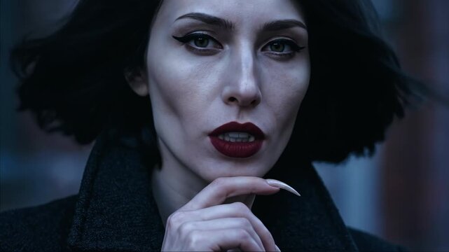 Ultra Realistic Close-Up of Vampire Woman with Chin-Length Hair and Dark Green Eyes Gently Revealing Fangs in Wind
