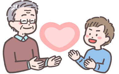 シニア男性と男の子がハートと向き合うイラスト