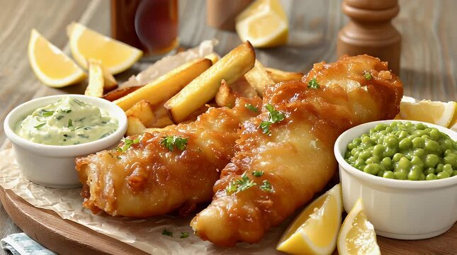 Preparing Fish and Chips Plating with Peas and Tartar Sauce on Wooden Board