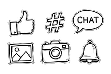collection of Handdrawn social media icons like chat like bell camera.