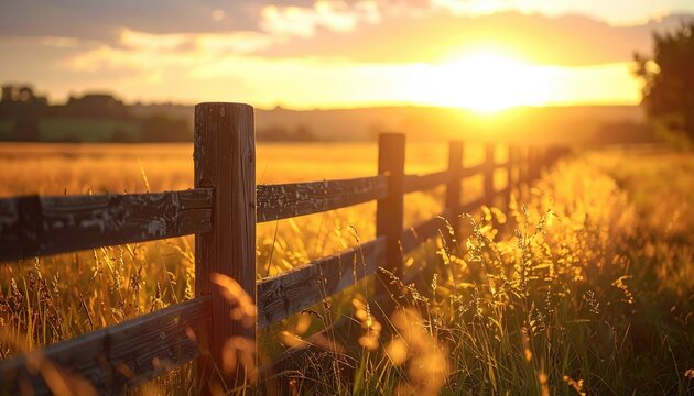 Rustic fence under bright sunset