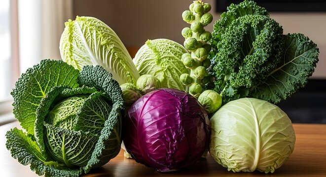 A vibrant assortment of fresh cabbages and cruciferous vegetables.