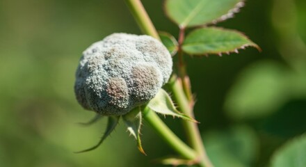 Diseased rosebud covered in powdery mildew; green leaves in the background