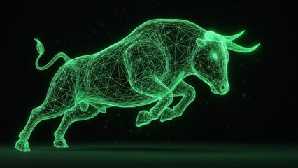 Digital Green Bull Wireframe Symbol Representing Bullish Stock Market Momentum