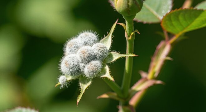 Close-up of plant, showing fuzzy clusters on a green stem, bright - Powered by Adobe