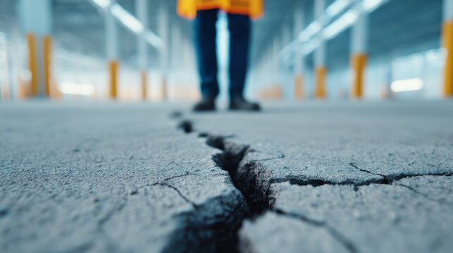 A close-up view of a cracked concrete floor, with a person standing above, suggesting structural issues in an industrial or commercial space.