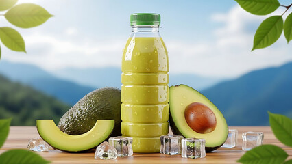 Avocado juice in a clear plastic bottle placed outdoors with a bright beach and blue sky background refreshing summer beverage concept