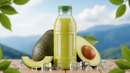 Fresh avocado juice in a clear plastic bottle with mountain scenery and bright blue sky background, refreshing natural drink concept