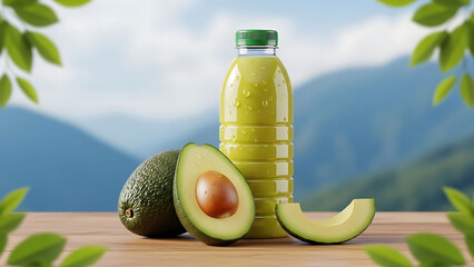 Fresh avocado juice in a clear plastic bottle with mountain scenery and bright blue sky background, refreshing natural drink concept