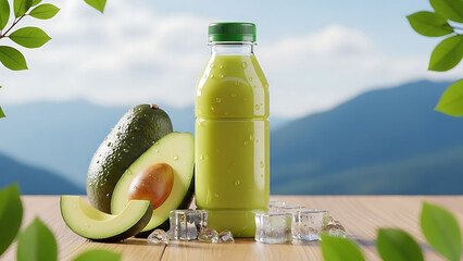 Fresh avocado juice in a clear plastic bottle with mountain scenery and bright blue sky background, refreshing natural drink concept